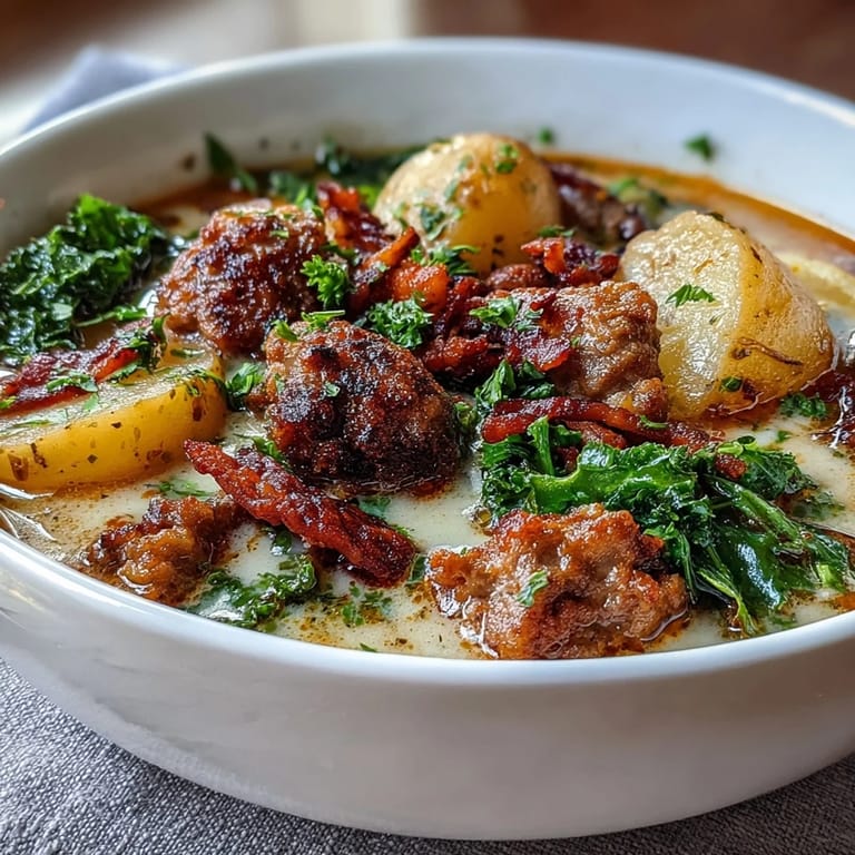 Rich Italian Sausage Soup ladled into a white bowl, steam rising from creamy broth with potatoes and kale.