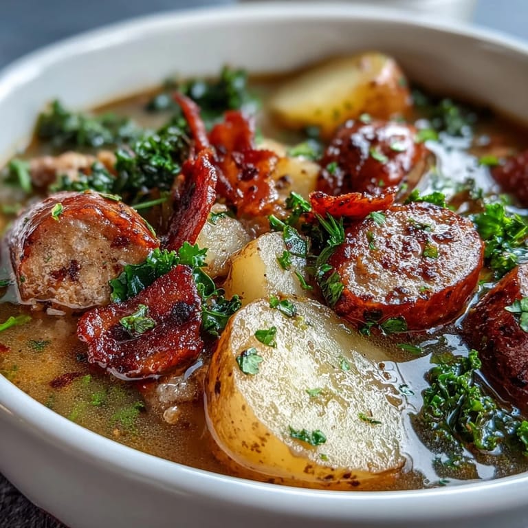 Cozy bowl of Italian Sausage Soup topped with bacon crumbles and wilted greens next to a slice of crusty bread.