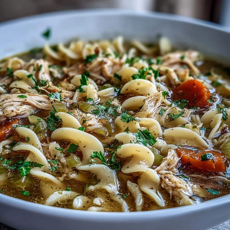 Ein Topf mit Instant Pot Chicken Noodle Soup, serviert mit Kräutern und Gabel bereit zum Essen
