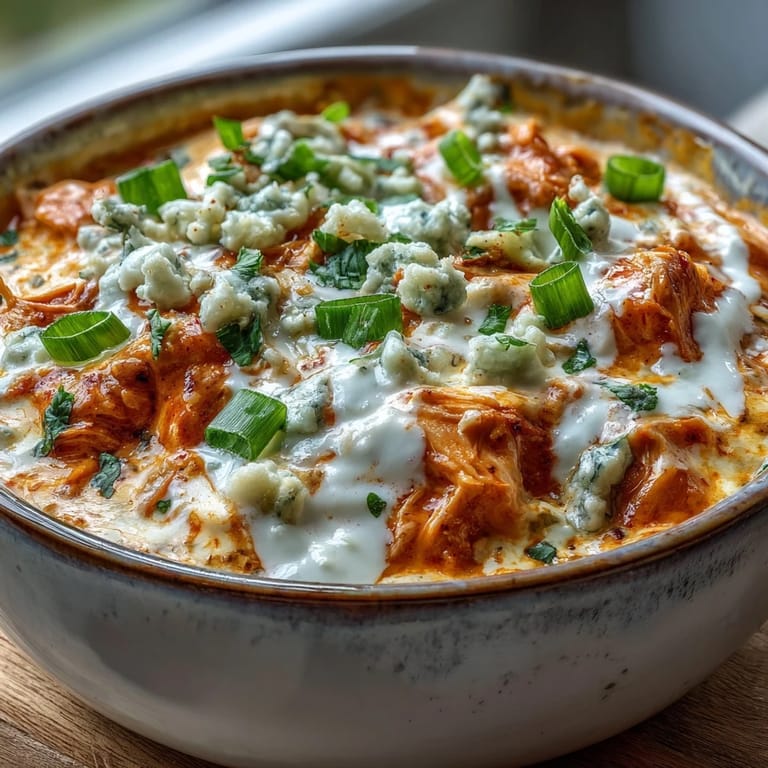 Crock Pot Buffalo Chicken Dip Soup in cremiger Brühe, serviert mit Tortilla-Chips.