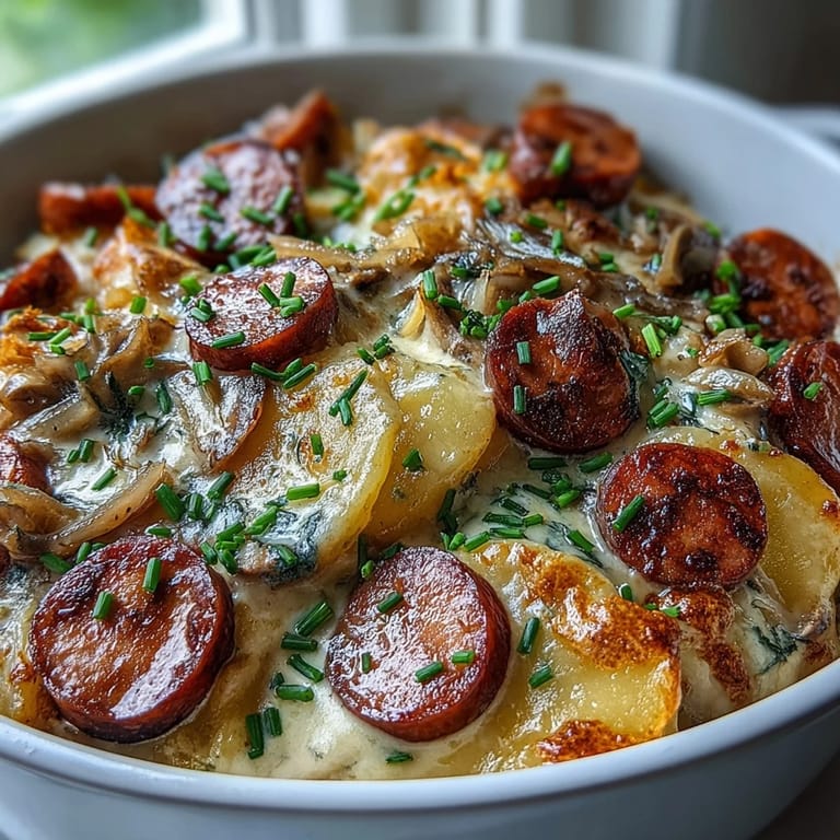Crockpot Pierogi Casserole With Kielbasa serviert auf Teller mit Röllchen Kielbasa und goldenem Käse überzogen