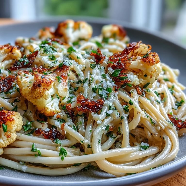 Italienische Cauliflower, Anchovy and Raisin Spaghetti mit saftigem Gemüse, salzigen Kapern und honig süßen Rosinen, angerichtet mit Olivenöl und Chili.