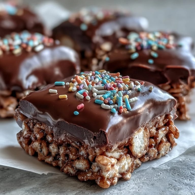Geformte Chocolate Covered Rice Krispy Treats, üppig mit Regenbogenstreuseln bestreut, perfekt für Party-Snacks.