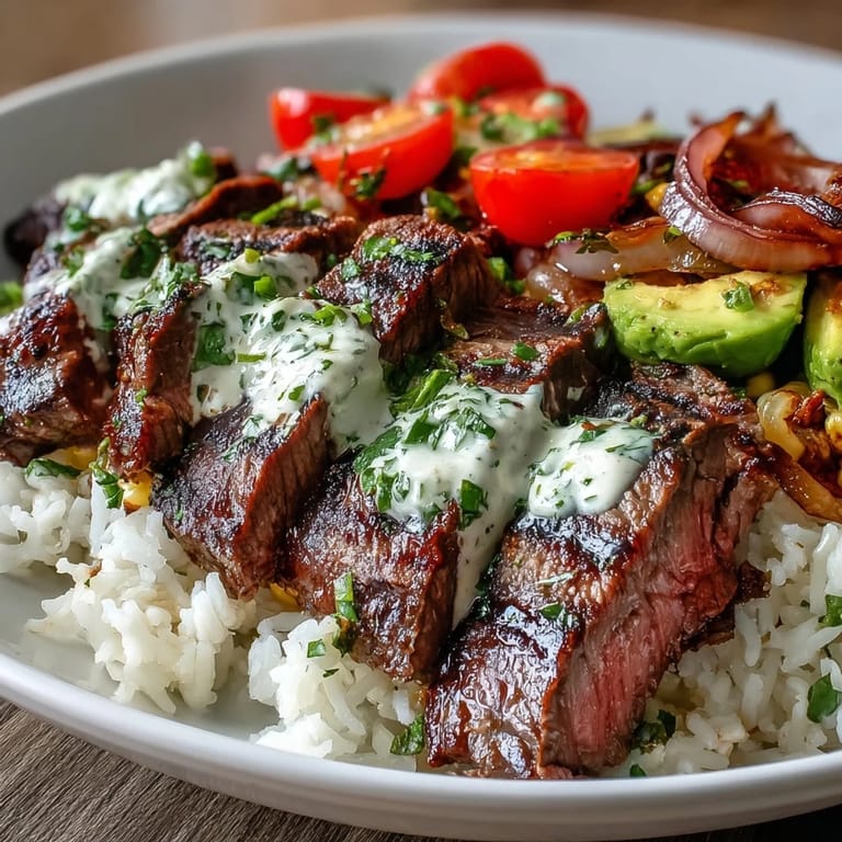 Steak, Avocado, and Roasted Corn Bowl with Cilantro Cream Sauce