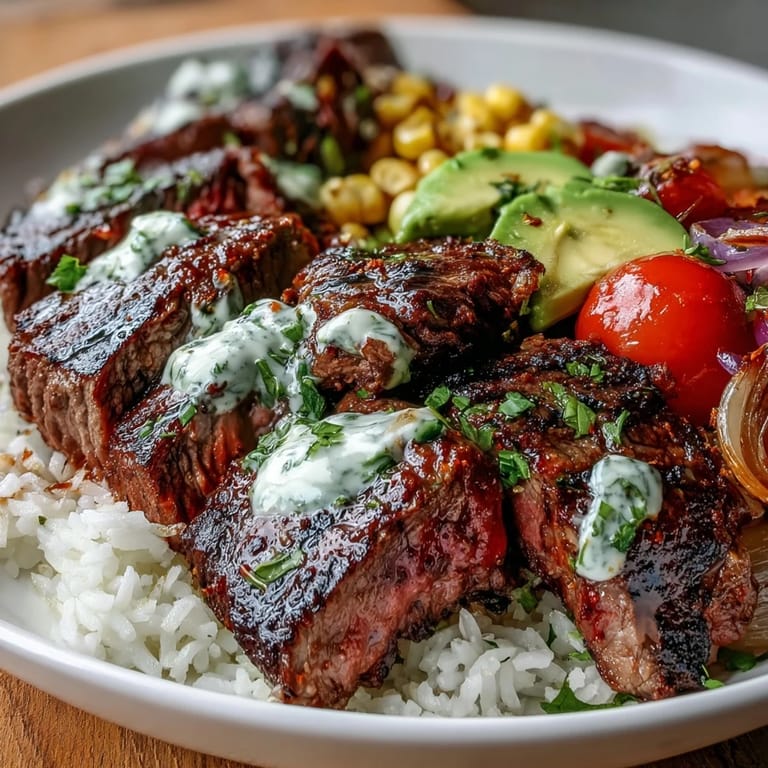 Grilled flank steak and charred kernels join avocado and cilantro cream sauce over rice in a Tex-Mex bowl.
