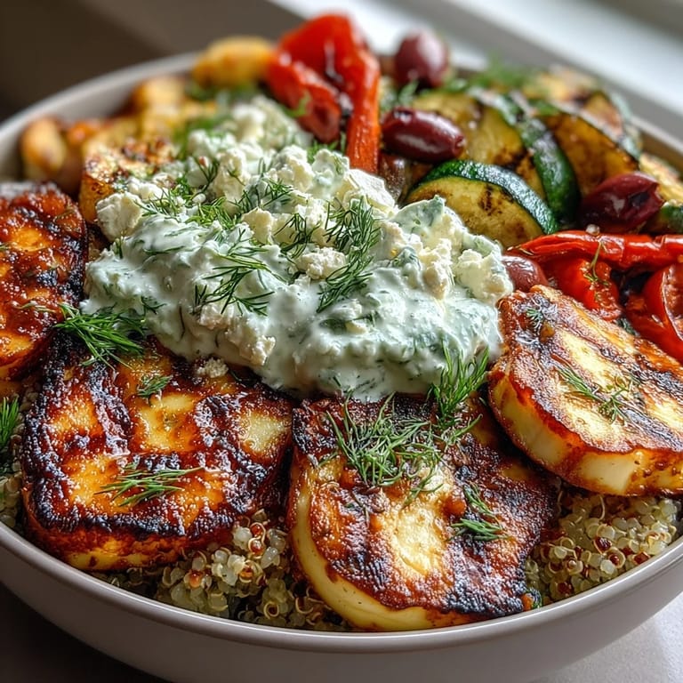 A close up view of a Healthy Grilled Mediterranean Bowl drizzled with creamy tzatziki and fresh parsley.