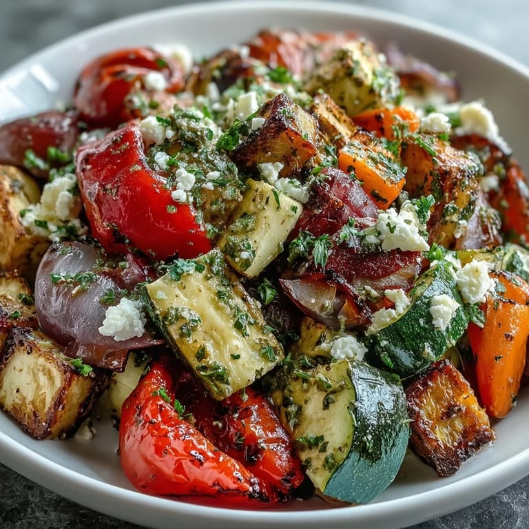 Colorful medley of roasted eggplant, zucchini, peppers, and tomatoes glazed with lemon and herbs.