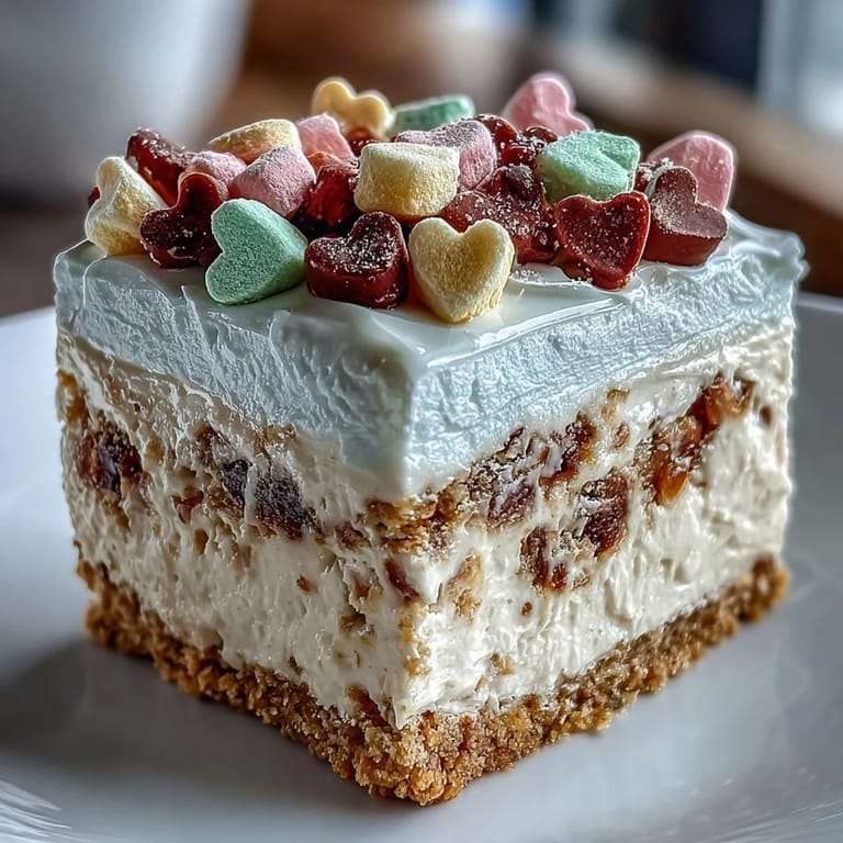 Eine Scheibe Candy Hearts Fake Cake mit cremiger Füllung und knusprigen Herzchen.