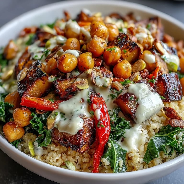 Frisch gerösteter Mediterranean Buddha Bowl Meal Prep serviert mit Goldbrunnen-E Aubergine, knusprigen Paprikastreifen und edlem Tahini-Dressing für gesunde Vorbereitung.