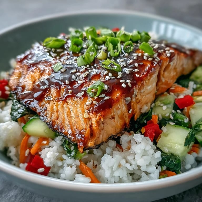 Geröstete Asian-Inspired Salmon Bowl mit duftendem Reis, knackigem Gemüse und Sesam.