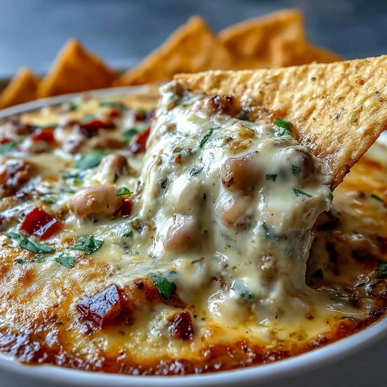 Cremiger Southern Black-Eyed Pea Dip mit Jalapeño und Cumin, heiß aus dem Ofen serviert mit Gemüsestangen.