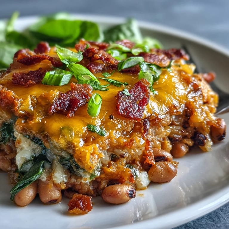 Fresh spinach and black-eyed peas in a bubbling Tex Mex Black Eyed Pea Casserole bake.