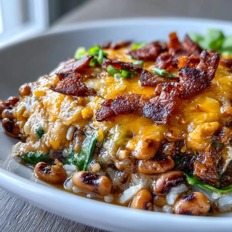 Serving suggestion for Tex Mex Black Eyed Pea Casserole with creamy avocado and cilantro garnish.