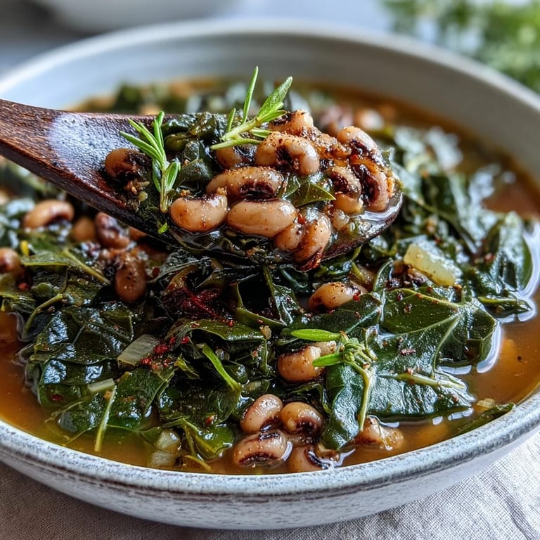 Hearty Black-Eyed Peas With Collard Greens simmered in a Dutch oven with smoky aromatics.