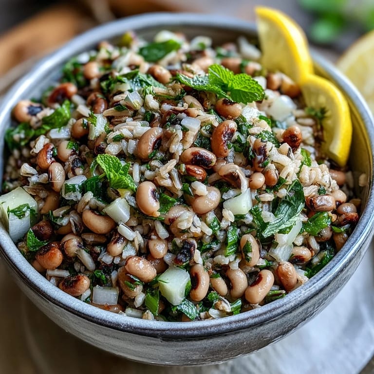 Leckere Southern Black Eyed Pea Salad mit zitroniger Vinaigrette auf einem rustikalen Holztisch angerichtet.