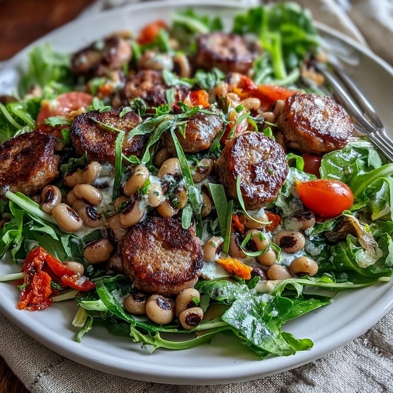 Close-up of Hoppin John Style Black-Eyed Pea Salad with turkey sausage, celery, and tarragon mustard dressing drizzled over.