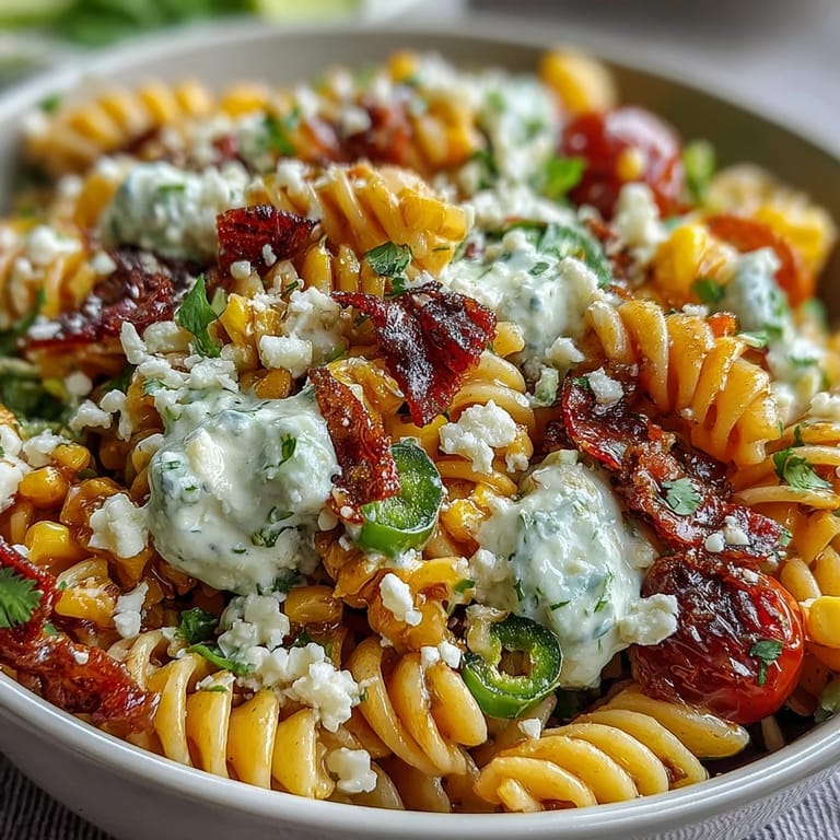 Zitroniger Nudelsalat mit gegrilltem Mais, roten Zwiebeln und bestreutem Cotija.