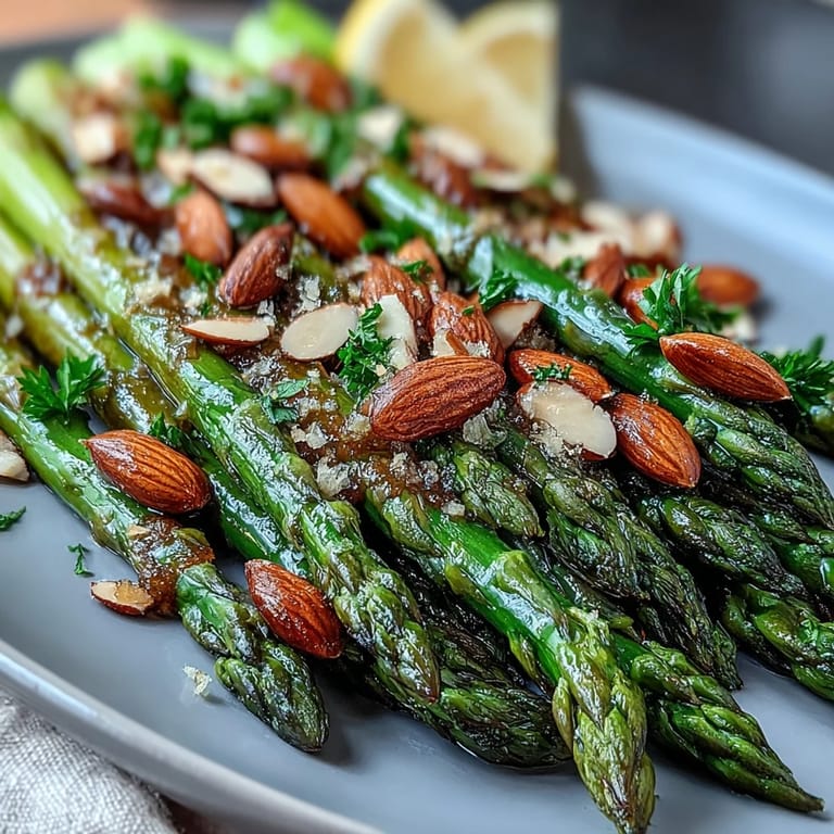 Knackiger Spargel in goldgelber Zitronenbutter, bestreut mit knusprigen Mandelblättchen - ein farbenfrohes Beilagen-Highlight für festliche Tafeln.