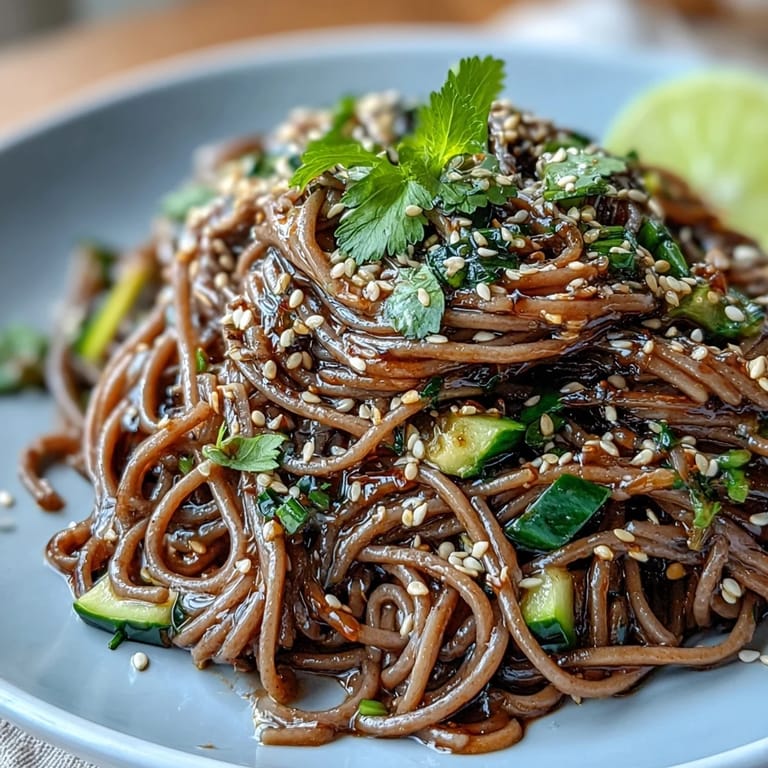 Kalte Soba-Nudelsalat mit Sesam-Ingwer-Dressing: Knackiges Gemüse und Sesam über glänzenden, gekühlten Nudeln.