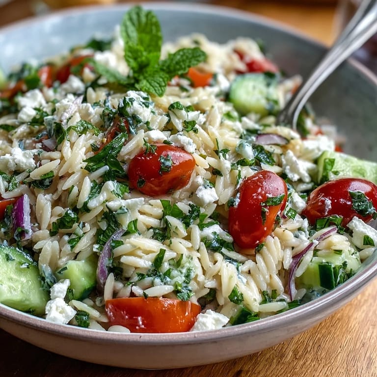 Zarte Orzo-Nudeln kombiniert mit knackiger Gurke, Kirschtomaten und zerbröseltem Feta, verfeinert mit einem spritzigen Zitronendressing.