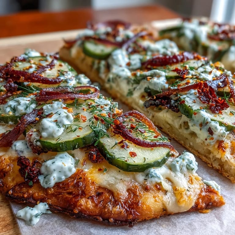 Verlockende Pickle Pizza Flatbread mit cremigem Knoblauch-Ranch-Dressing, goldbraun gebacken.