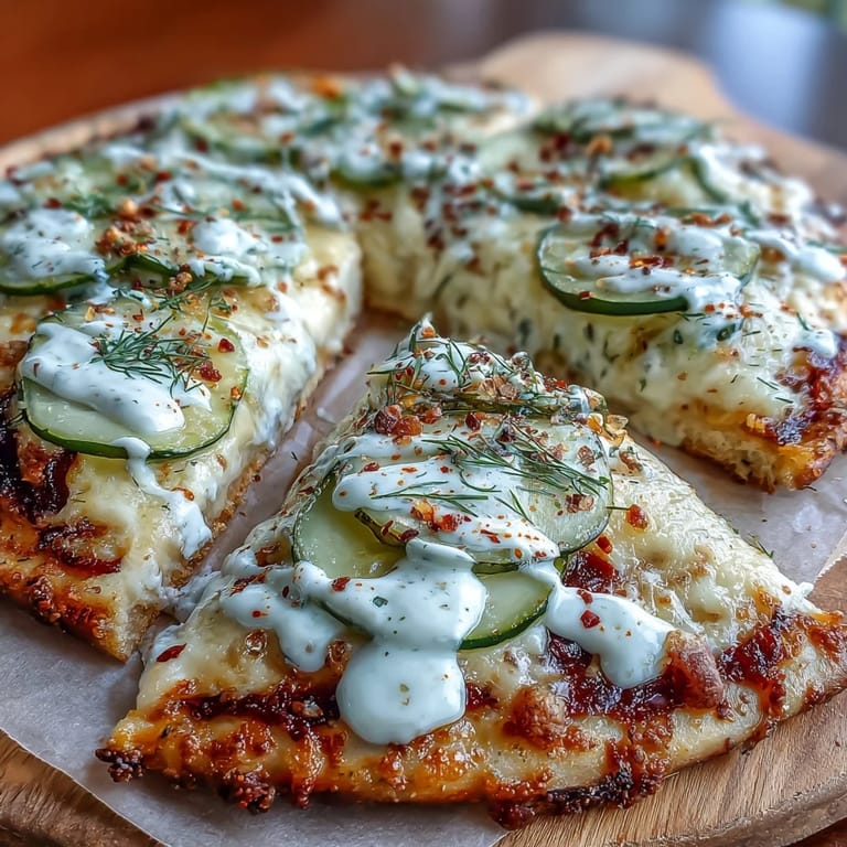 Saftiges Pickle Pizza Flatbread, überhäuft mit geschmolzenem Käse und Dill.