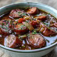 Crock Pot BBQ Cocktail Sausage Soup mit knusprigem Brot serviert, dampfend und würzig