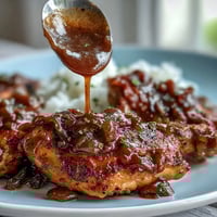 Soul Food Smothered Chicken mit Zwiebelsoße in einer Pfanne, goldbraun gebraten und in reichhaltiger Soße geschmort.
