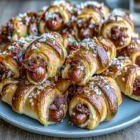 Mini Baseball Hot Dogs in Crescent Roll Dough: goldene, gebackene Teigkugeln umwickeln kleine Würstchen und erinnern an Baseballschläger.