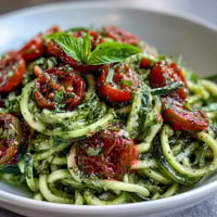 Leuchtende Zucchininudeln mit Basilikumpesto und Kirschtomaten, ein frisches Sommergericht.  