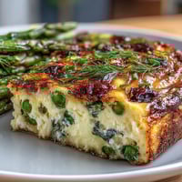 Farbintensive Frühlingsfrittata mit Spargel, Erbsen und Ziegenkäse, perfekt für Brunch.