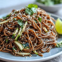 Kalte Soba-Nudelsalat mit Sesam-Ingwer-Dressing: Bunte Gemüse und zarte Nudeln in einer frischen, würzigen Marinade.